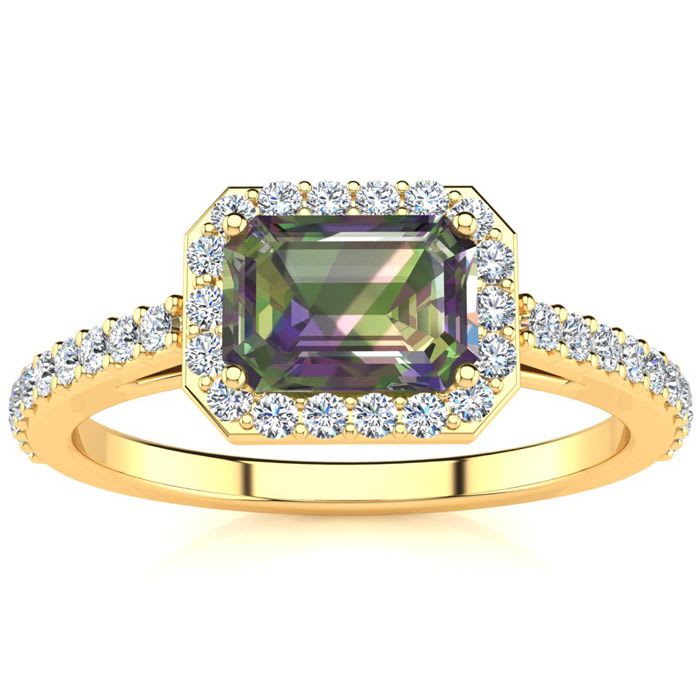 1-1/4 Carat Octagon Shape Mystic Topaz Ring With Diamond Halo In 14 Karat Yellow Gold