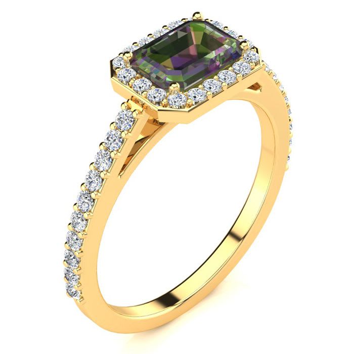1-1/4 Carat Octagon Shape Mystic Topaz Ring With Diamond Halo In 14 Karat Yellow Gold