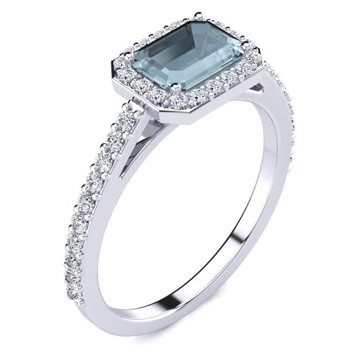 Aquamarine Ring: Aquamarine Jewelry: 1 1/4 Carat Aquamarine and Halo Diamond Ring In 14 Karat White Gold
