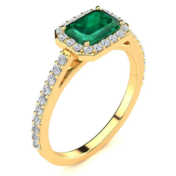 1 1/4 Carat Emerald and Halo Diamond Ring In 14 Karat Yellow Gold