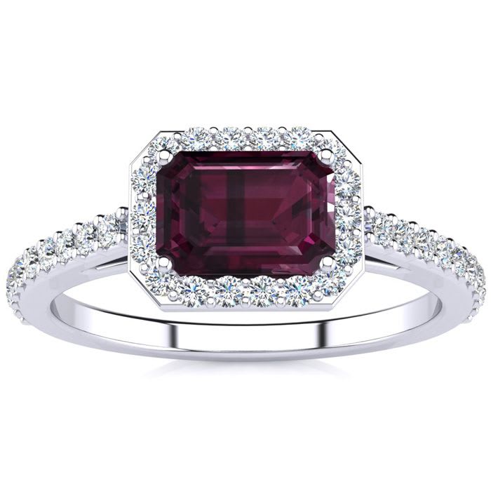 Garnet Ring: Garnet Jewelry: 1 1/2 Carat Garnet and Halo Diamond Ring In 14 Karat White Gold