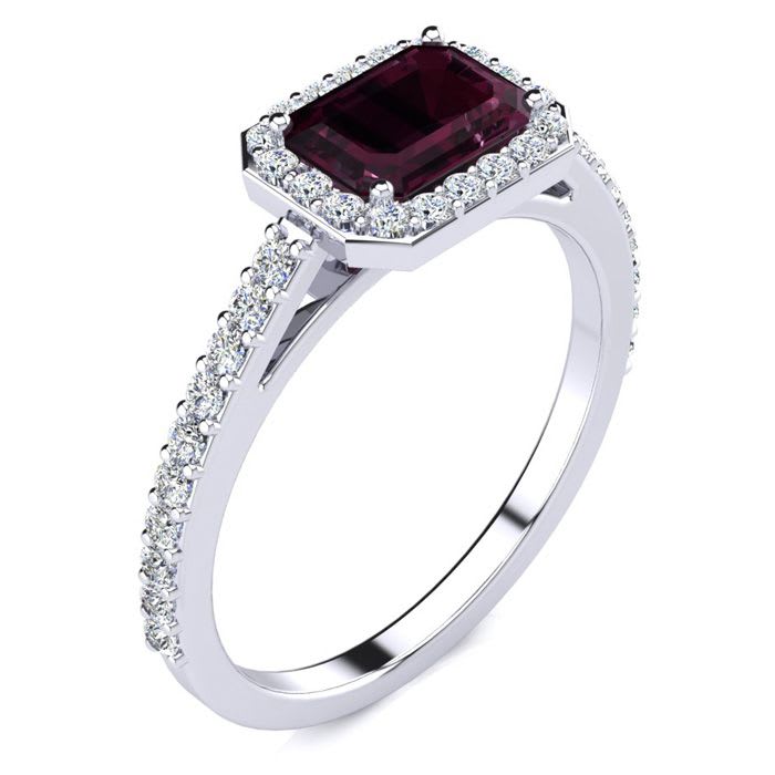 Garnet Ring: Garnet Jewelry: 1 1/2 Carat Garnet and Halo Diamond Ring In 14 Karat White Gold