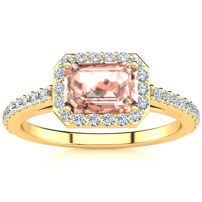 1-1/4 Carat Morganite and Halo Diamond Ring In 14 Karat Yellow Gold