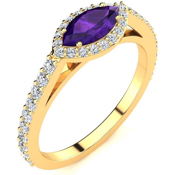 3/4 Carat Marquise Shape Amethyst and Halo Diamond Ring In 14 Karat Yellow Gold