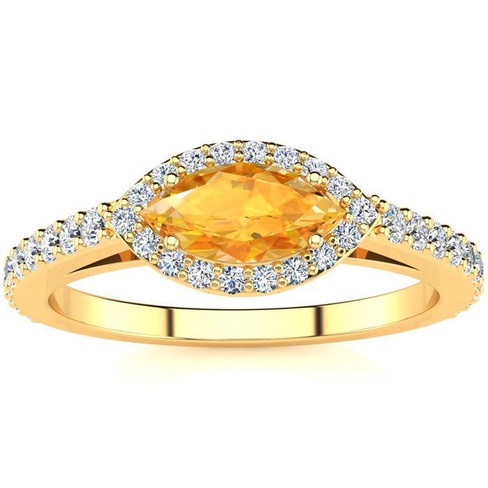 3/4 Carat Marquise Shape Citrine and Halo Diamond Ring In 14 Karat Yellow Gold