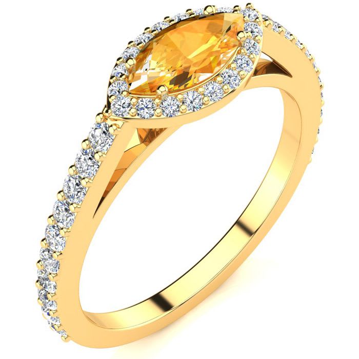 3/4 Carat Marquise Shape Citrine and Halo Diamond Ring In 14 Karat Yellow Gold