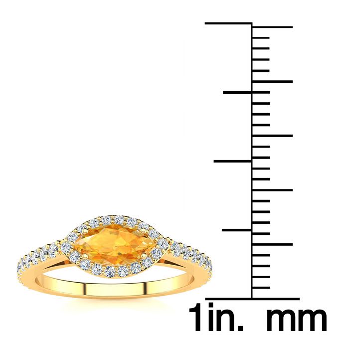 3/4 Carat Marquise Shape Citrine and Halo Diamond Ring In 14 Karat Yellow Gold