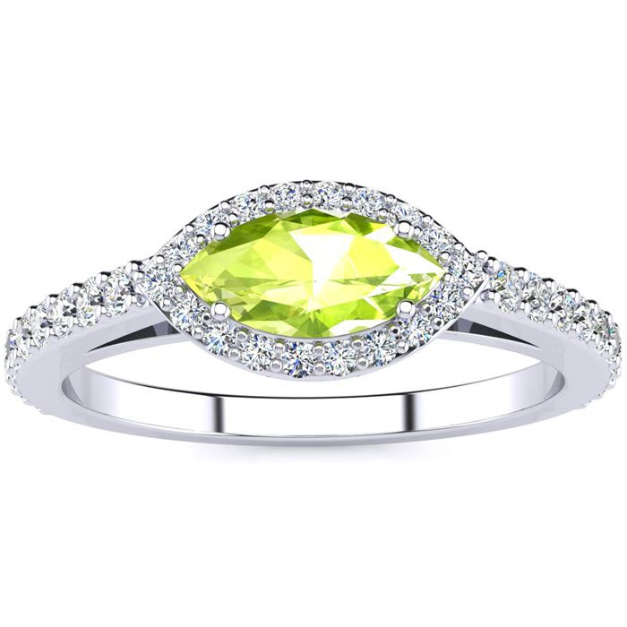 3/4 Carat Marquise Shape Peridot and Halo Diamond Ring In 14 Karat White Gold
