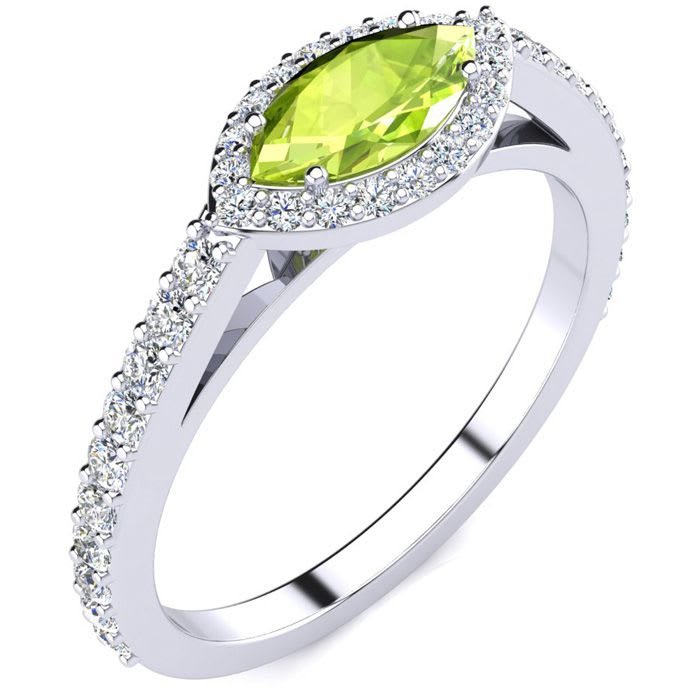 3/4 Carat Marquise Shape Peridot and Halo Diamond Ring In 14 Karat White Gold