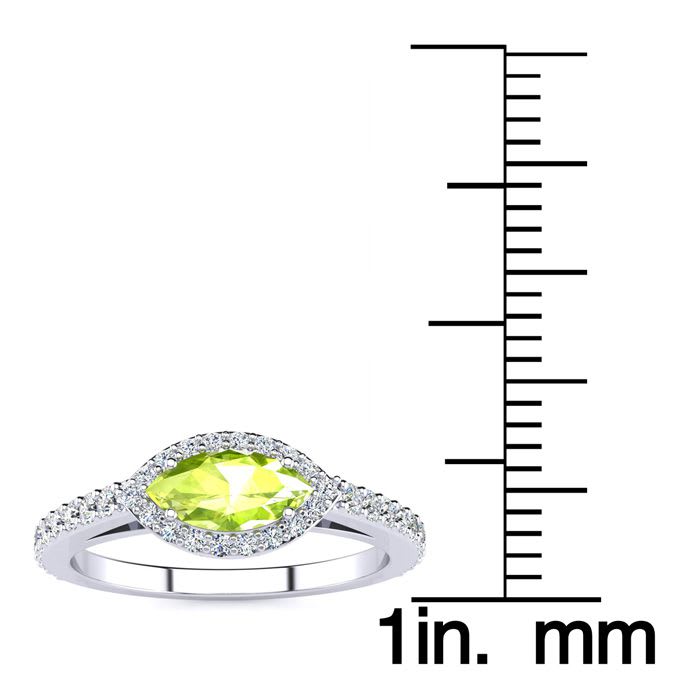 3/4 Carat Marquise Shape Peridot and Halo Diamond Ring In 14 Karat White Gold