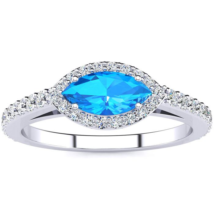 1 Carat Marquise Shape Blue Topaz and Halo Diamond Ring In 14 Karat White Gold