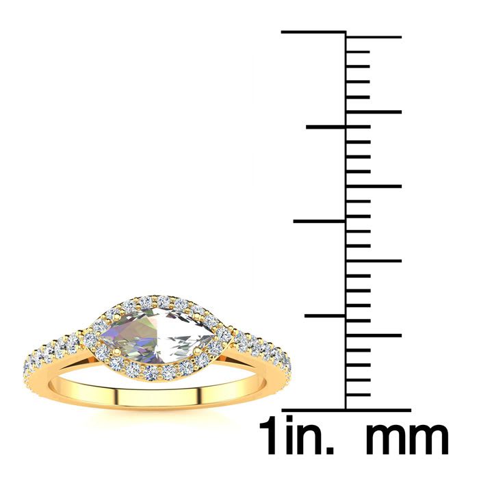 3/4 Carat Marquise Shape Mystic Topaz Ring With Diamond Halo In 14 Karat Yellow Gold