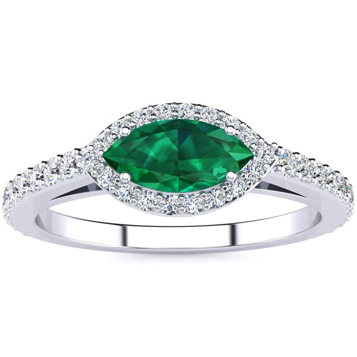 3/4 Carat Marquise Shape Emerald and Halo Diamond Ring In 14 Karat White Gold