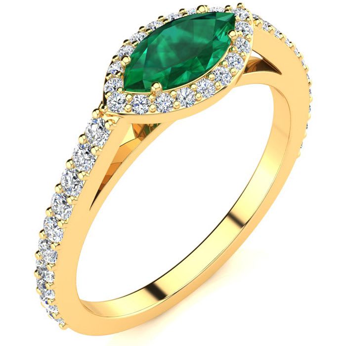 3/4 Carat Marquise Shape Emerald and Halo Diamond Ring In 14 Karat Yellow Gold