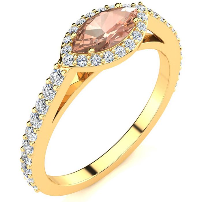 3/4 Carat Marquise Shape Morganite and Halo Diamond Ring In 14 Karat Yellow Gold