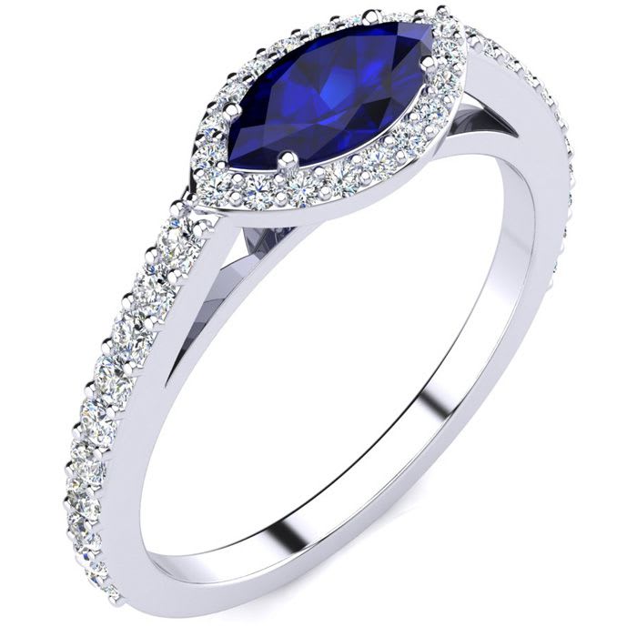 1 Carat Marquise Shape Sapphire and Halo Diamond Ring In 14 Karat White Gold