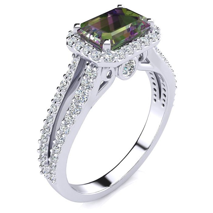 1-1/3 Carat Octagon Shape Mystic Topaz Ring With Diamond Halo In 14 Karat White Gold