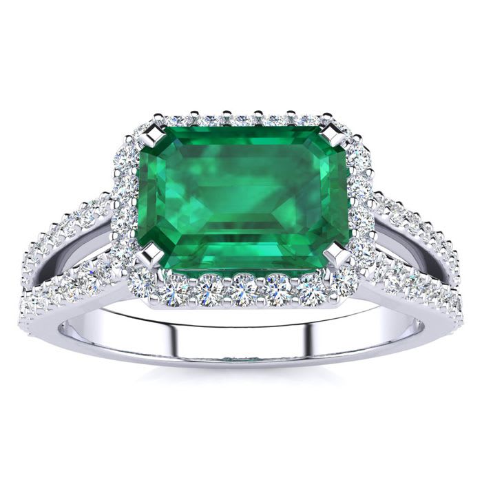 1 1/3 Carat Antique Emerald and Halo Diamond Ring In 14 Karat White Gold