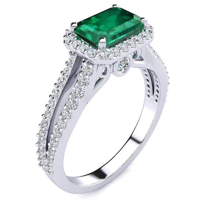 1 1/3 Carat Antique Emerald and Halo Diamond Ring In 14 Karat White Gold