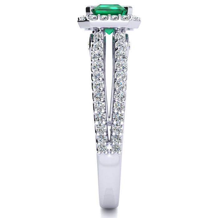 1 1/3 Carat Antique Emerald and Halo Diamond Ring In 14 Karat White Gold