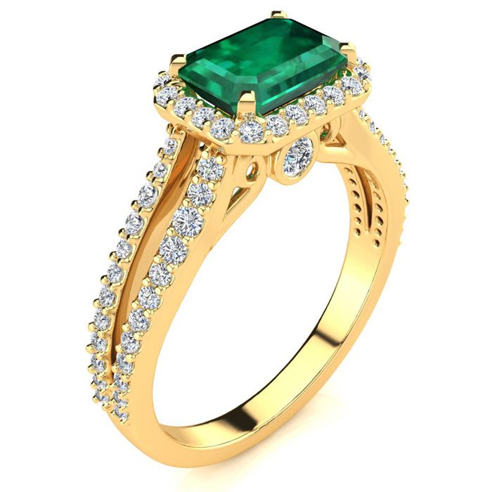 1 1/3 Carat Antique Emerald and Halo Diamond Ring In 14 Karat Yellow Gold