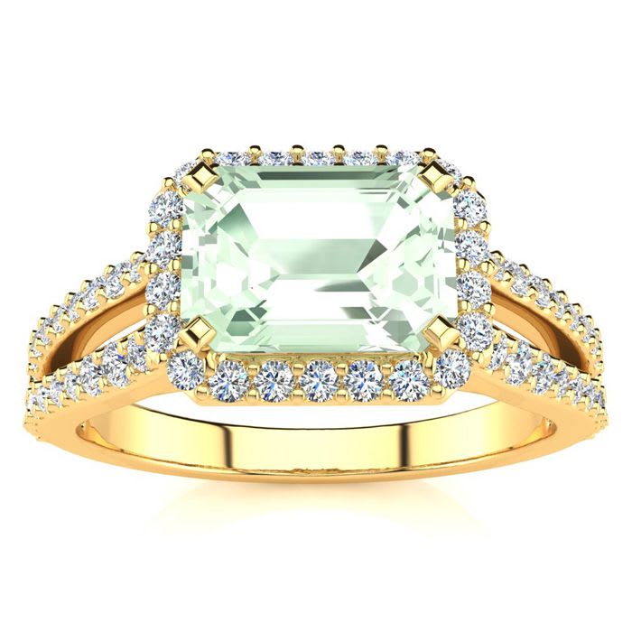 1 1/3 Carat Antique Green Amethyst and Halo Diamond Ring In 14 Karat Yellow Gold