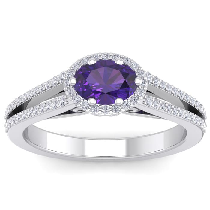 1 Carat Oval Shape Antique Amethyst and Halo Diamond Ring In 14 Karat White Gold