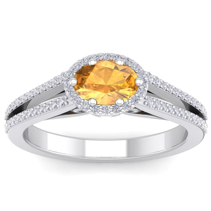 1 1/4 Carat Oval Shape Antique Citrine and Halo Diamond Ring In 14 Karat White Gold
