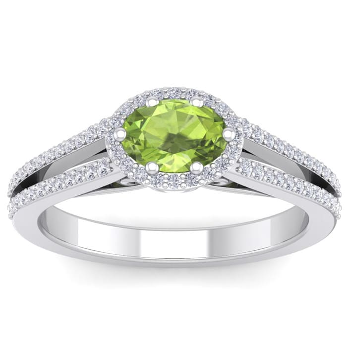 1 1/3 Carat Oval Shape Antique Peridot and Halo Diamond Ring In 14 Karat White Gold