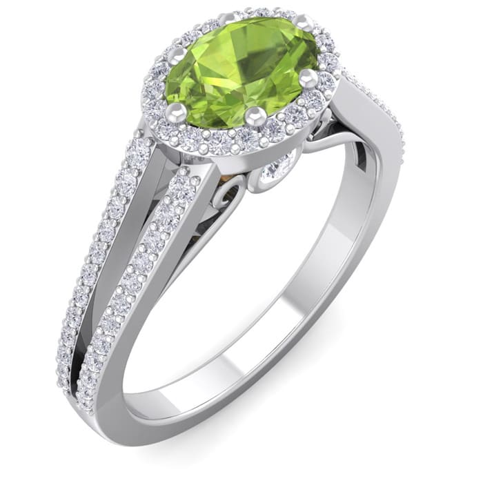1 1/3 Carat Oval Shape Antique Peridot and Halo Diamond Ring In 14 Karat White Gold