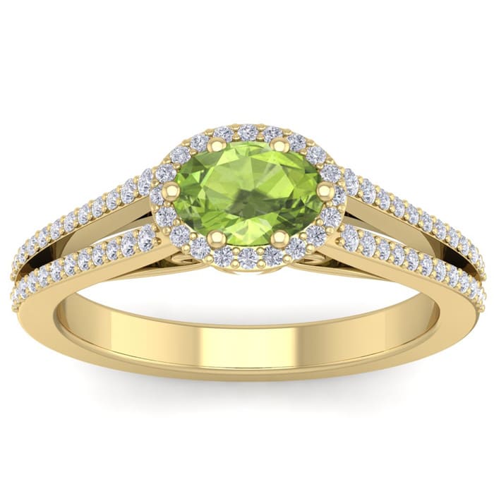 1 1/3 Carat Oval Shape Antique Peridot and Halo Diamond Ring In 14 Karat Yellow Gold