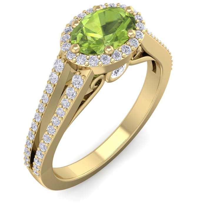1 1/3 Carat Oval Shape Antique Peridot and Halo Diamond Ring In 14 Karat Yellow Gold