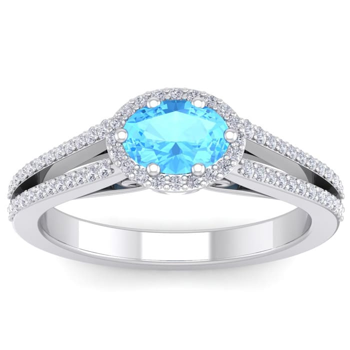 1 1/2 Carat Oval Shape Antique Blue Topaz and Halo Diamond Ring In 14 Karat White Gold