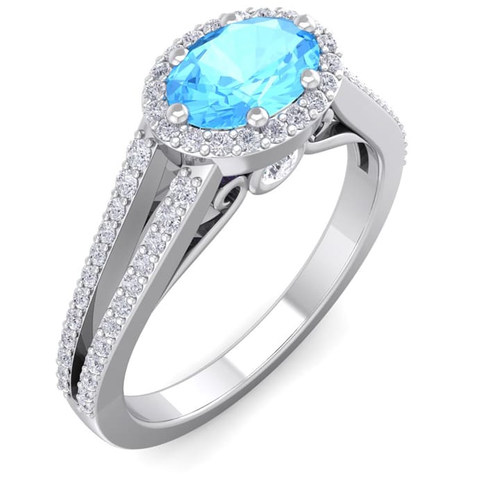 1 1/2 Carat Oval Shape Antique Blue Topaz and Halo Diamond Ring In 14 Karat White Gold