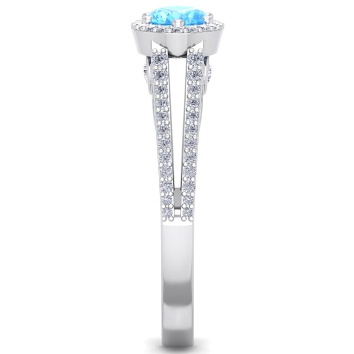 1 1/2 Carat Oval Shape Antique Blue Topaz and Halo Diamond Ring In 14 Karat White Gold