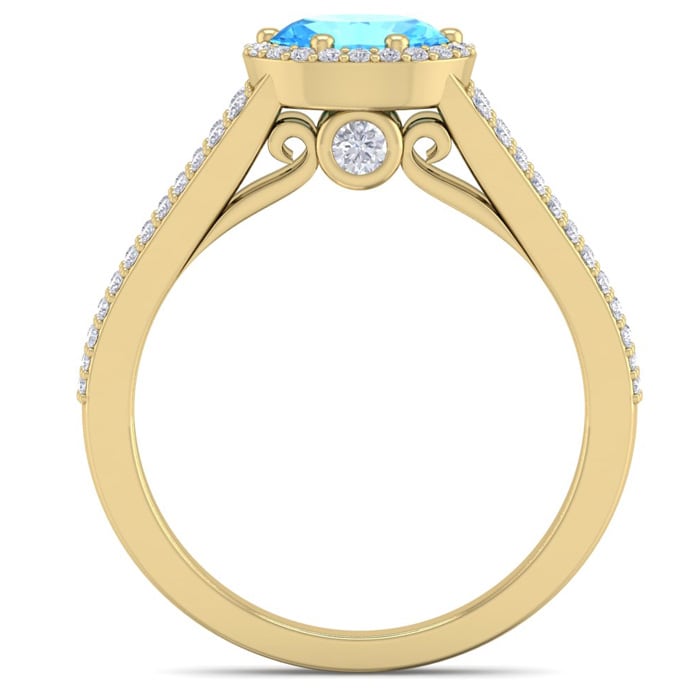 1 1/2 Carat Oval Shape Antique Blue Topaz and Halo Diamond Ring In 14 Karat Yellow Gold