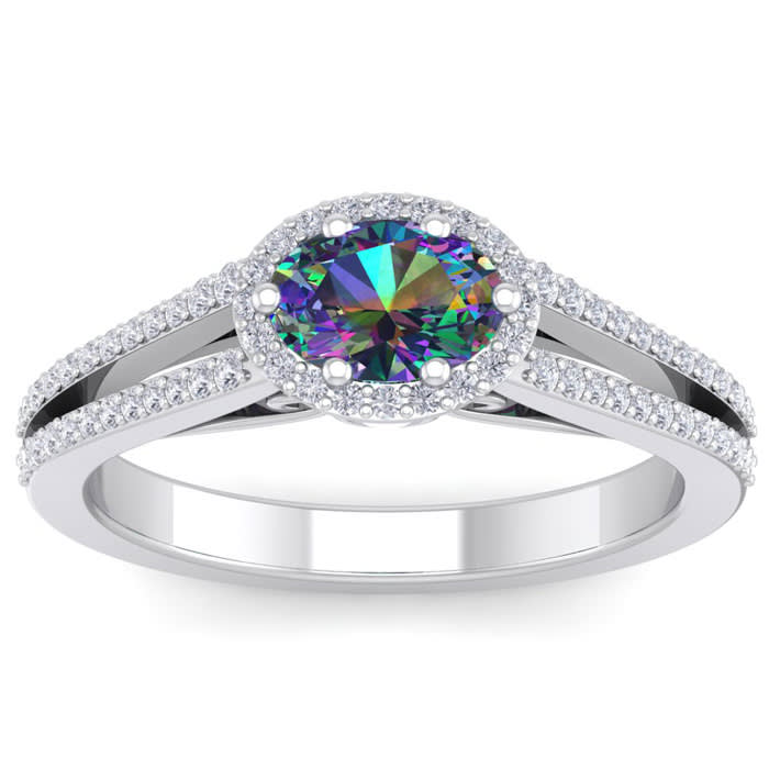 1 Carat Oval Shape Mystic Topaz Ring With Diamond Halo In 14 Karat White Gold