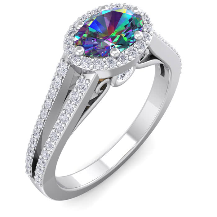 1 Carat Oval Shape Mystic Topaz Ring With Diamond Halo In 14 Karat White Gold