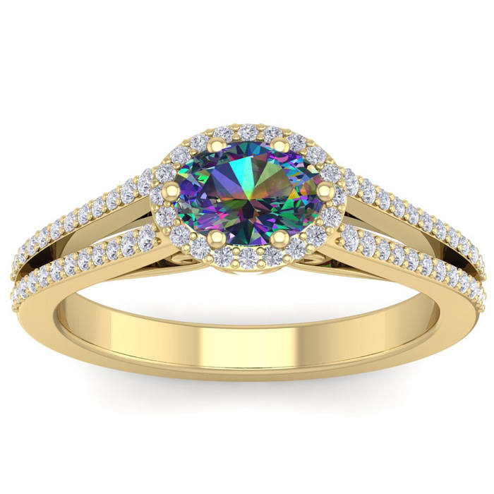 1 Carat Oval Shape Mystic Topaz Ring With Diamond Halo In 14 Karat Yellow Gold