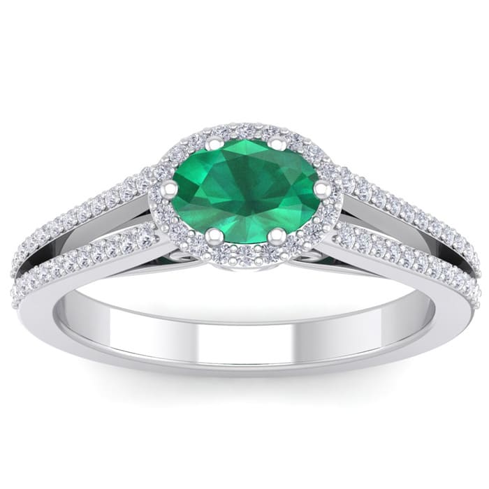 1 1/4 Carat Oval Shape Antique Emerald and Halo Diamond Ring In 14 Karat White Gold