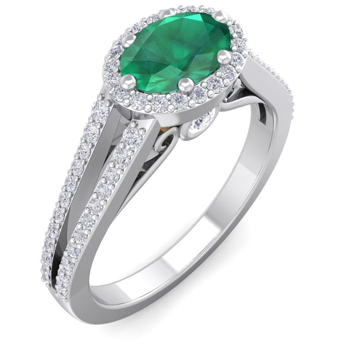 1 1/4 Carat Oval Shape Antique Emerald and Halo Diamond Ring In 14 Karat White Gold