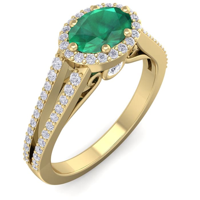 1 1/4 Carat Oval Shape Antique Emerald and Halo Diamond Ring In 14 Karat Yellow Gold