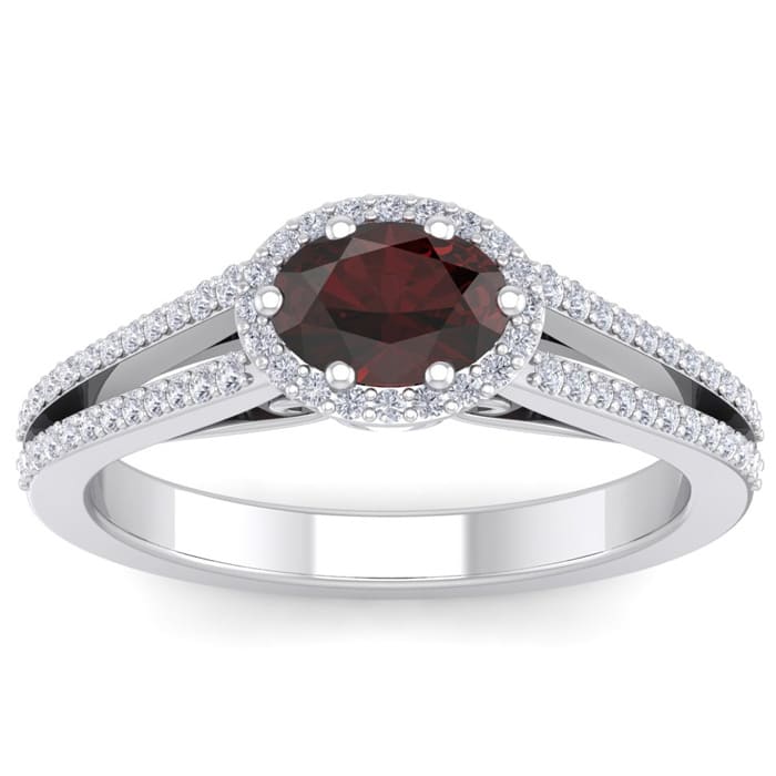 Garnet Ring: Garnet Jewelry: 1 1/2 Carat Oval Shape Antique Garnet and Halo Diamond Ring In 14 Karat White Gold