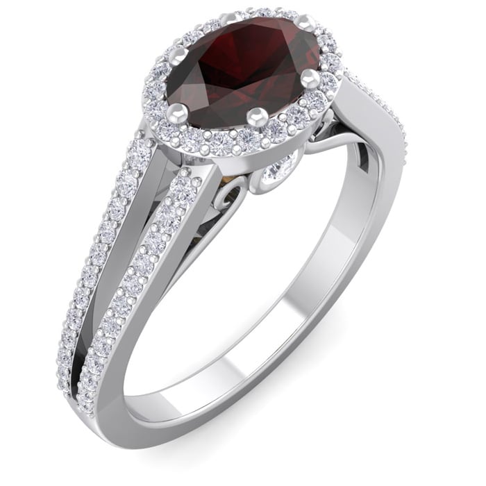 Garnet Ring: Garnet Jewelry: 1 1/2 Carat Oval Shape Antique Garnet and Halo Diamond Ring In 14 Karat White Gold