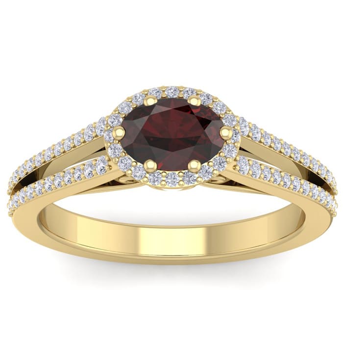 Garnet Ring: Garnet Jewelry: 1 1/2 Carat Oval Shape Antique Garnet and Halo Diamond Ring In 14 Karat Yellow Gold