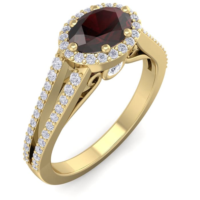 Garnet Ring: Garnet Jewelry: 1 1/2 Carat Oval Shape Antique Garnet and Halo Diamond Ring In 14 Karat Yellow Gold