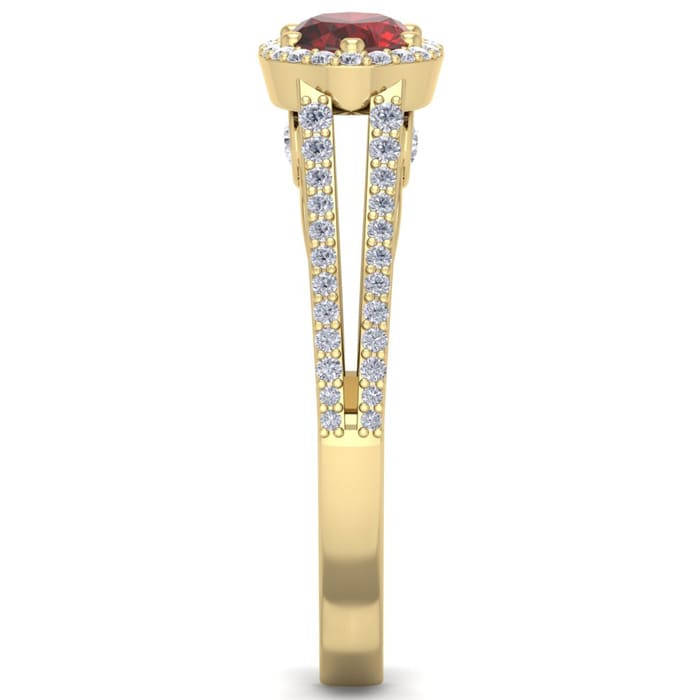 Garnet Ring: Garnet Jewelry: 1 1/2 Carat Oval Shape Antique Garnet and Halo Diamond Ring In 14 Karat Yellow Gold