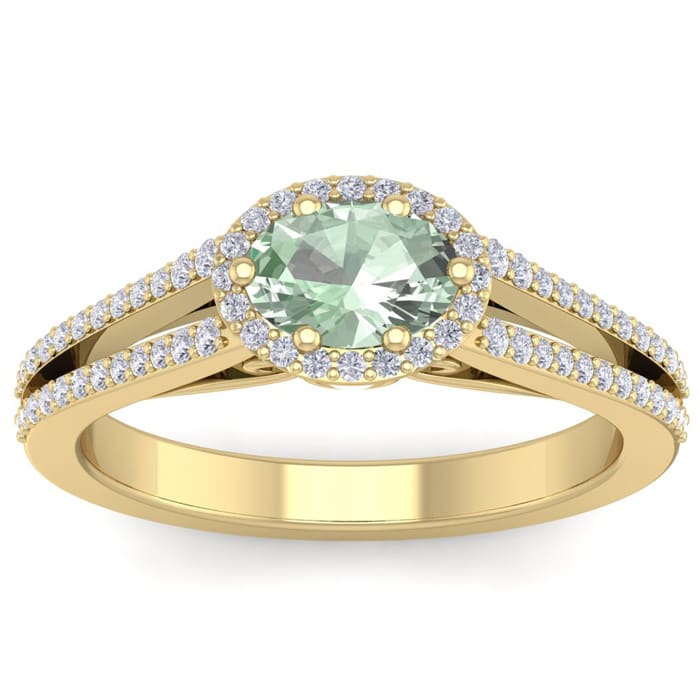1 Carat Oval Shape Antique Green Amethyst and Halo Diamond Ring In 14 Karat Yellow Gold