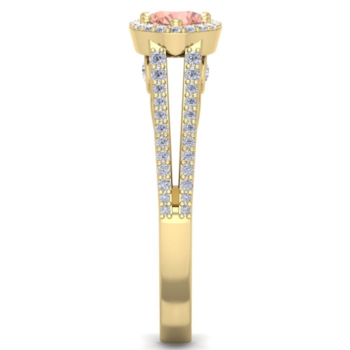 1-1/4 Carat Oval Shape Antique Morganite and Halo Diamond Ring In 14 Karat Yellow Gold