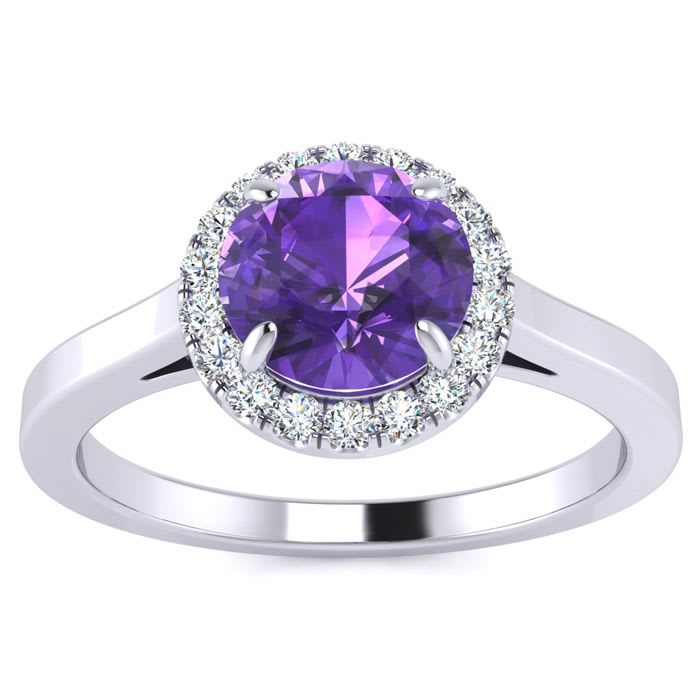 3/4 Carat Round Shape Amethyst and Halo Diamond Ring In 14 Karat White Gold